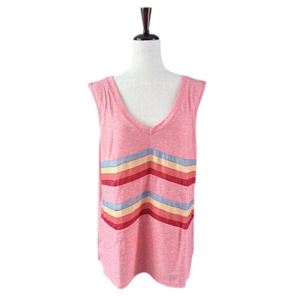 Saukole Women's V-neck Sleeveless Pink Top Tee Rainbow Stripes Pink Size XXL NWT - Picture 4 of 15